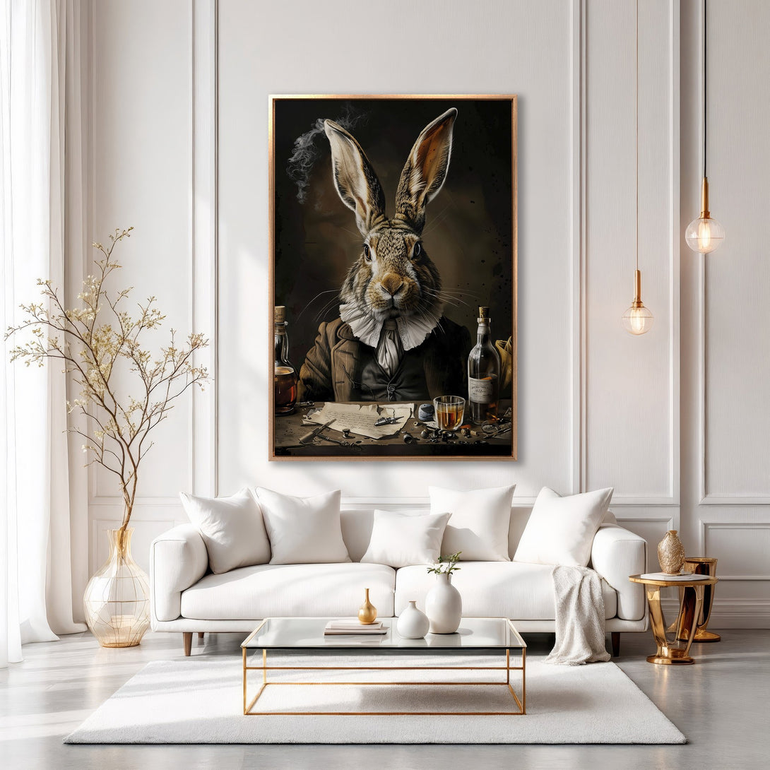 Framed Wall Art featuring a dapper rabbit in a classic style, set in a luxurious white and gold interior. Perfect for adding unique character to any space.