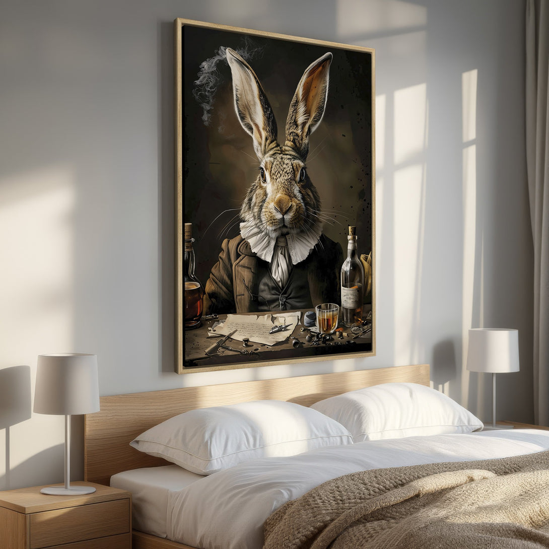 Framed Wall Art featuring a dapper rabbit in a vintage style. Earthy tones and dark background create a unique, sophisticated aesthetic. Perfect for home decor.