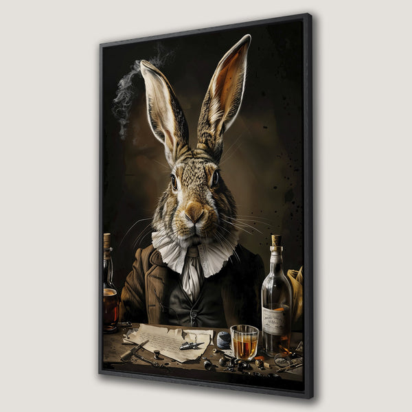 Framed Wall Art featuring a dapper rabbit in a vintage style, rich brown and neutral color palette. Sophisticated decor for your home.
