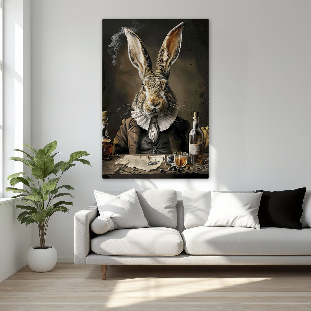 Framed Wall Art: Dapper rabbit portrait with a dark, moody color palette. Perfect for adding a touch of whimsy and sophistication to your home decor.