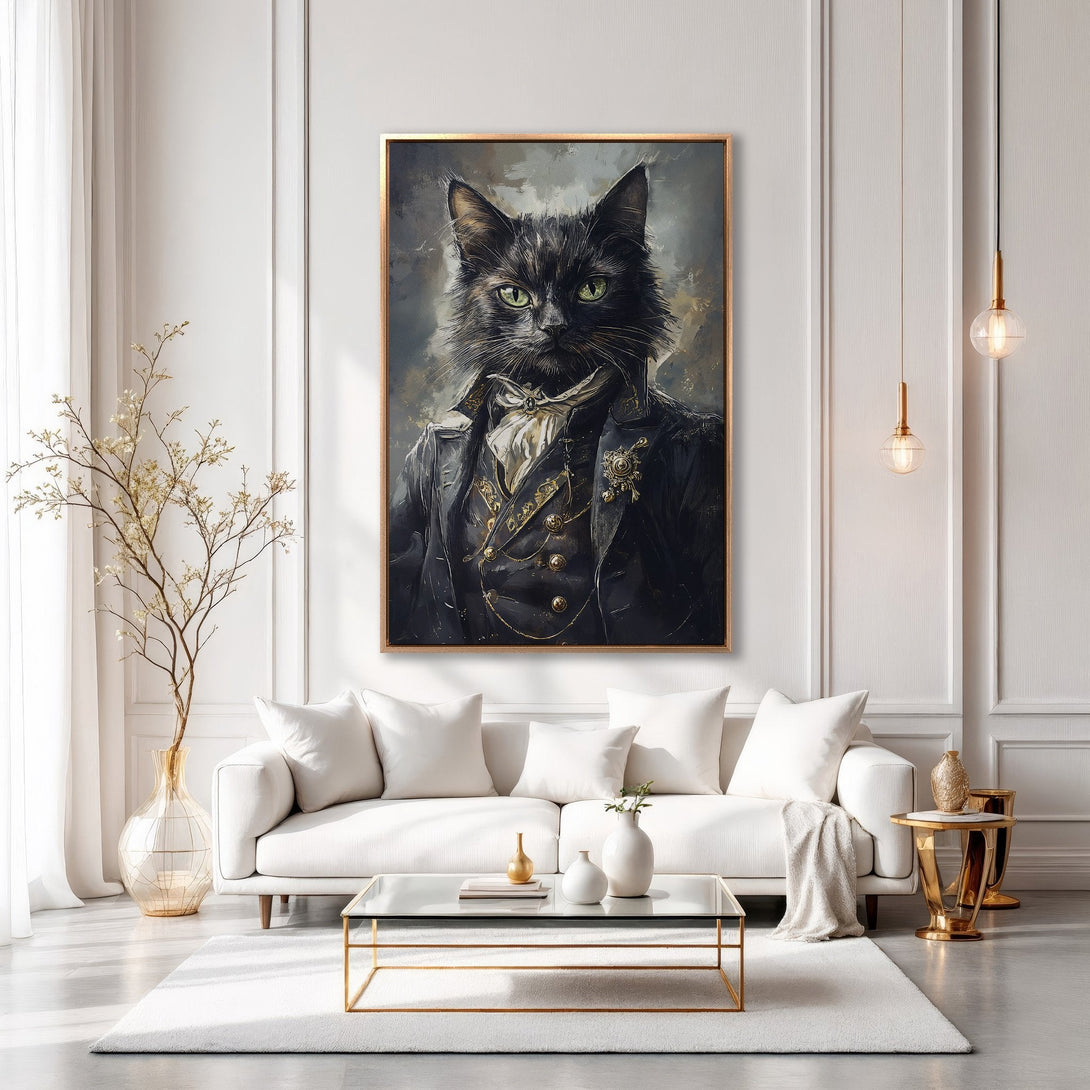 Framed Wall Art: Regal cat portrait in dark, vintage style. Black, gold, and grey color palette. Perfect for adding a touch of whimsy and sophistication.