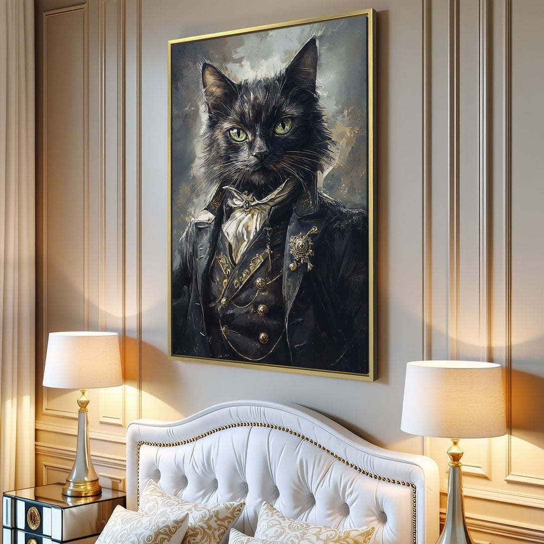 Canvas Print of a dapper cat in a vintage style, featuring a dark color palette with gold accents. Perfect wall art for cat lovers!