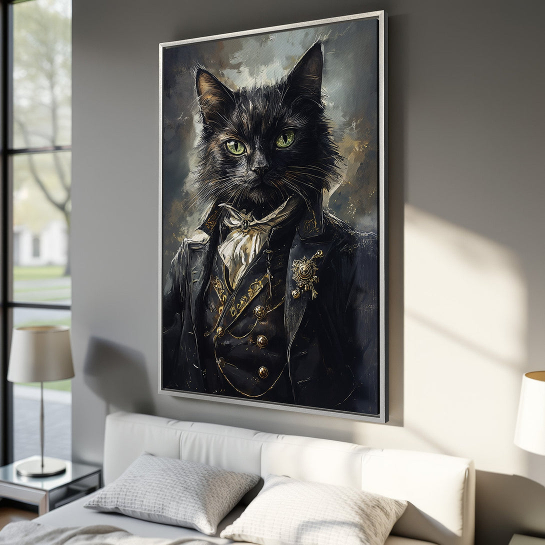 Framed Wall Art: Regal black cat portrait in a vintage style. Dark, moody color palette with gold accents. Perfect for adding a touch of sophistication.