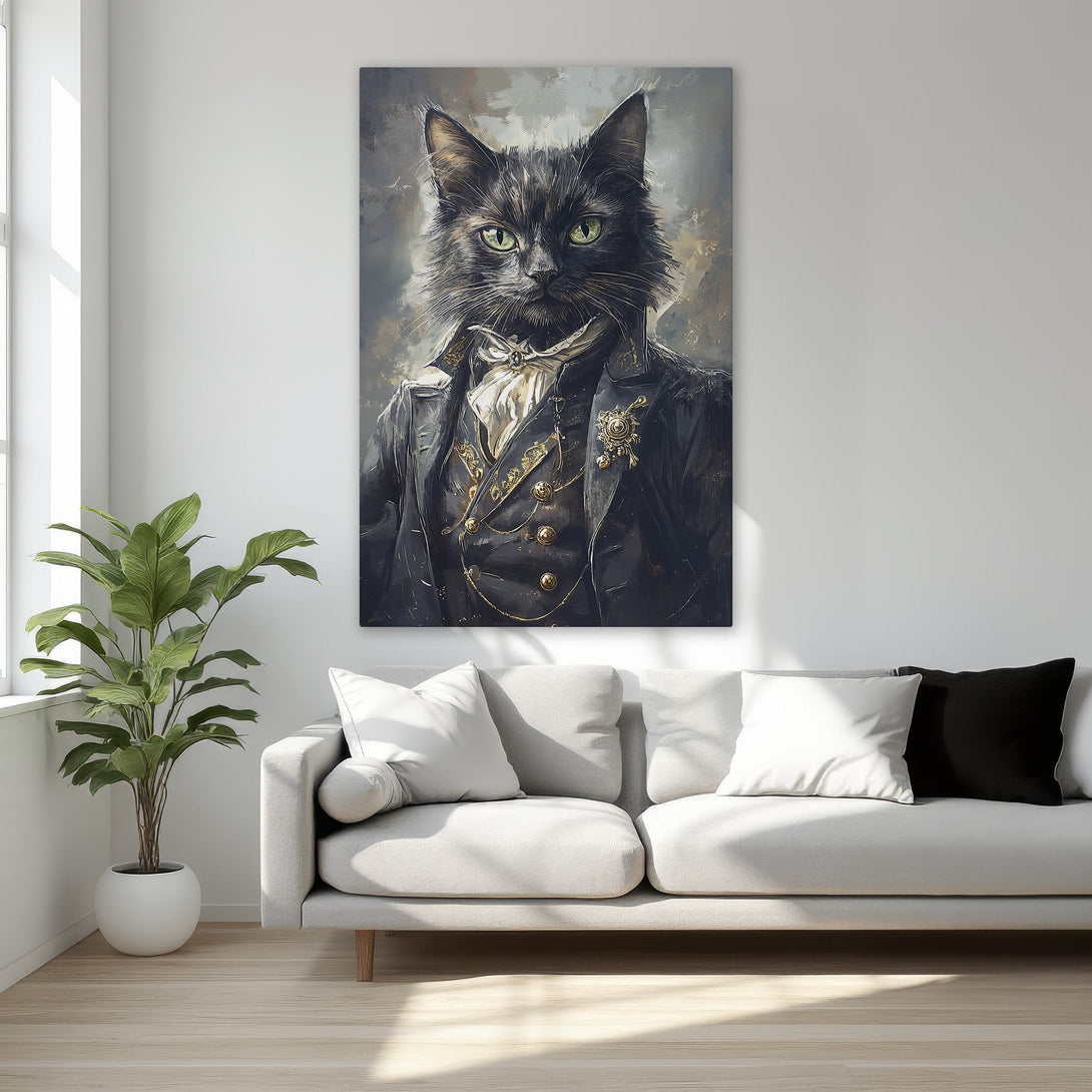 Framed Wall Art: Regal black cat portrait in a vintage style, featuring a dark, moody color palette. Perfect for adding a touch of elegance to your home decor.