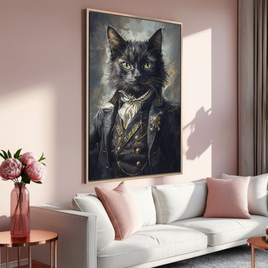Framed Wall Art: Regal cat portrait in vintage style. Black, gold, and grey color palette. Perfect for adding a touch of elegance to your home decor.