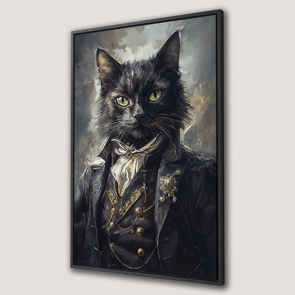 Framed Wall Art: Regal cat portrait in black and gold, Victorian style. Canvas Print with a dapper feline in a stylish suit, perfect for any home decor.