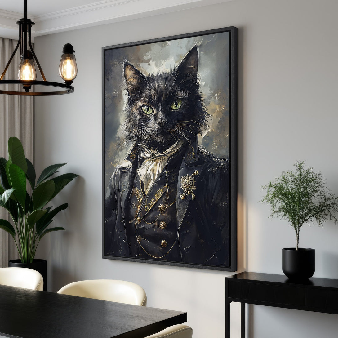 Framed Wall Art: Regal cat portrait in a vintage style. Black and gold accents on a dark, moody canvas print. Perfect for adding character to any room!