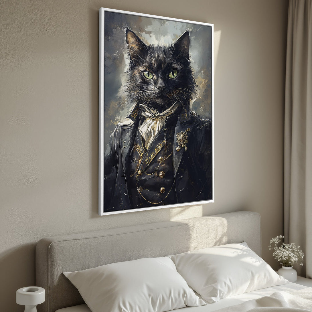 Framed Wall Art featuring a dapper cat portrait in a dark, moody style. The color palette includes blacks, golds, and greens, perfect for a sophisticated interior.