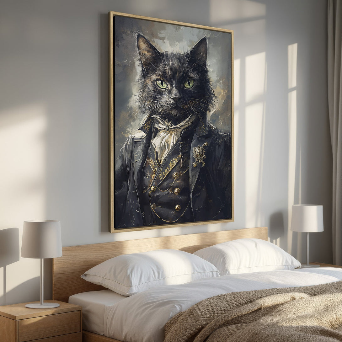 Framed Wall Art: Regal cat portrait in dark tones with gold accents. Perfect for adding a touch of elegance to your bedroom decor.