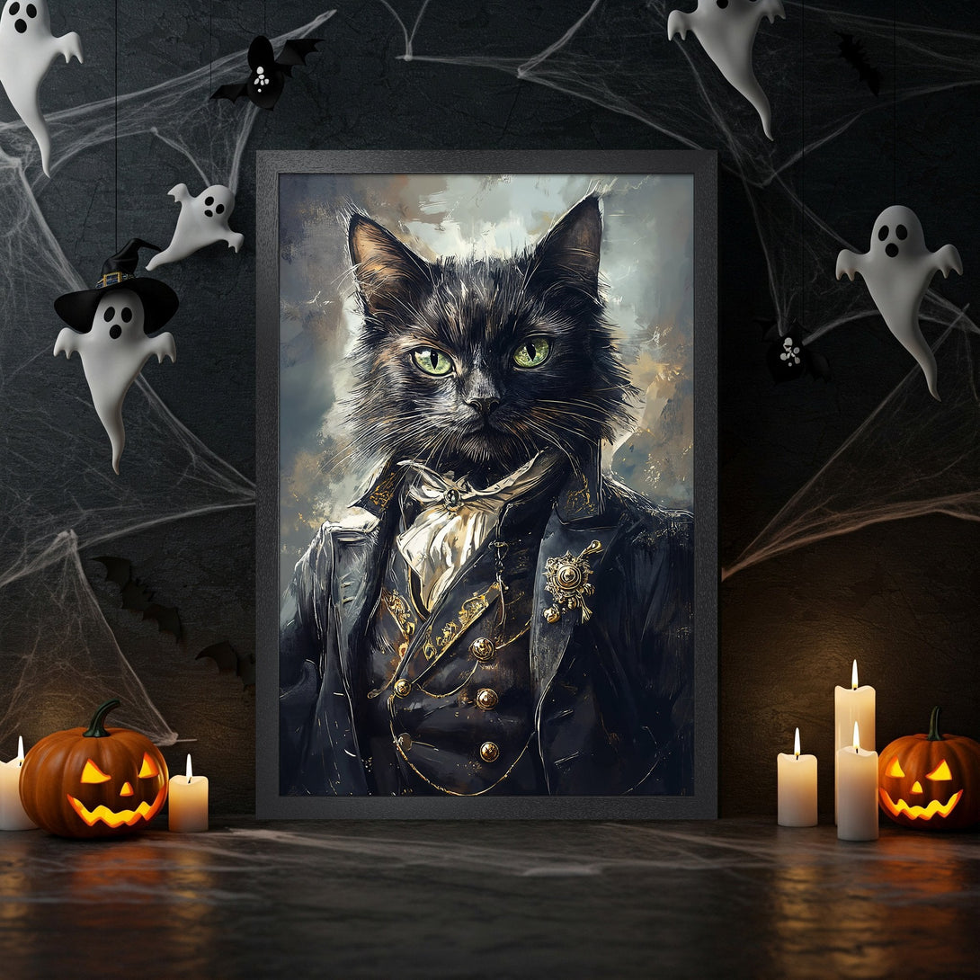 Framed Poster featuring a dapper black cat in a gothic style, perfect for Halloween decor. Dark, moody color palette.