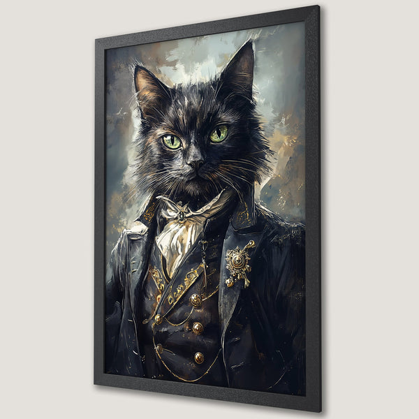 Framed Poster featuring a dapper cat in a suit, painted in a vintage style with a dark, gold, and green color palette. Perfect for home decor!