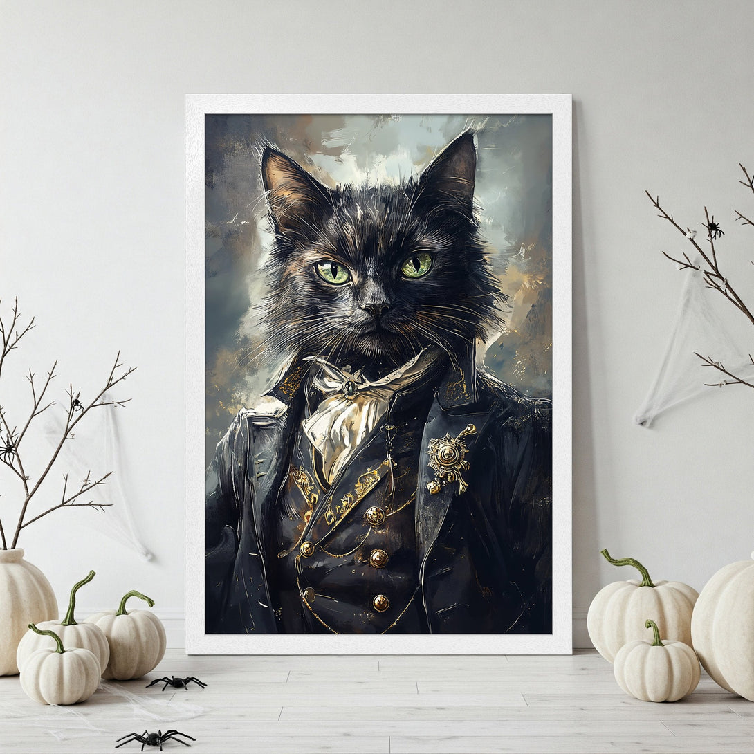 Framed Poster of a dapper cat in a suit, artistic style, with a dark, moody color palette. Perfect Halloween decor!