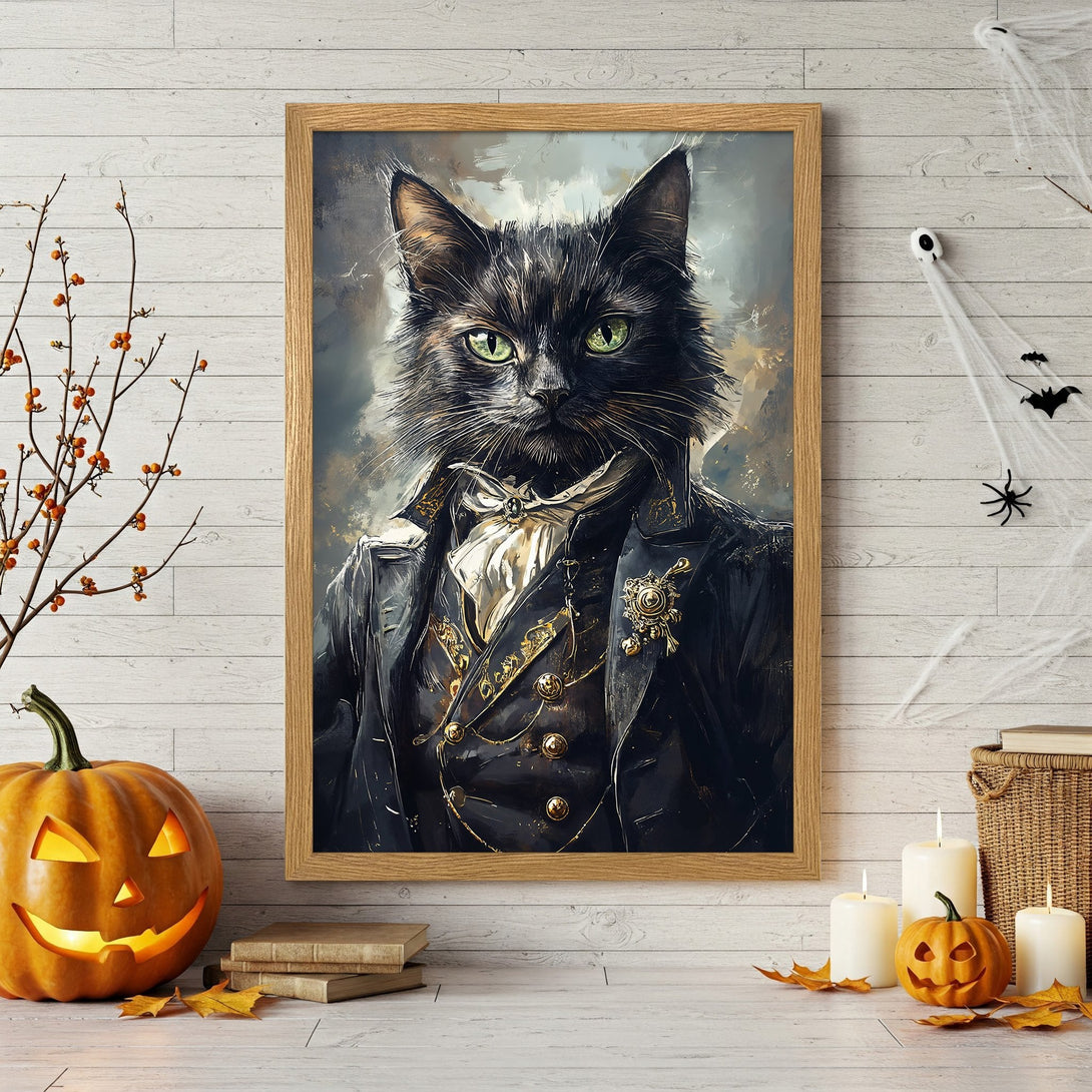Framed Poster of a dapper black cat in a dark, moody style with gold accents. Perfect Halloween decor!