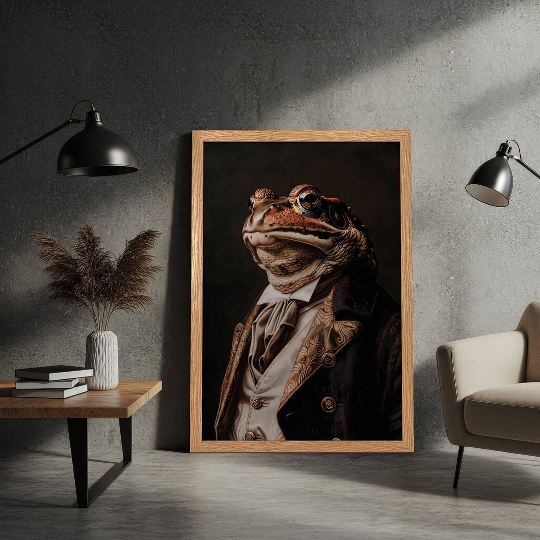 Framed Poster featuring a dapper toad in a suit, classic style, with a warm, earthy color palette. Perfect wall art!