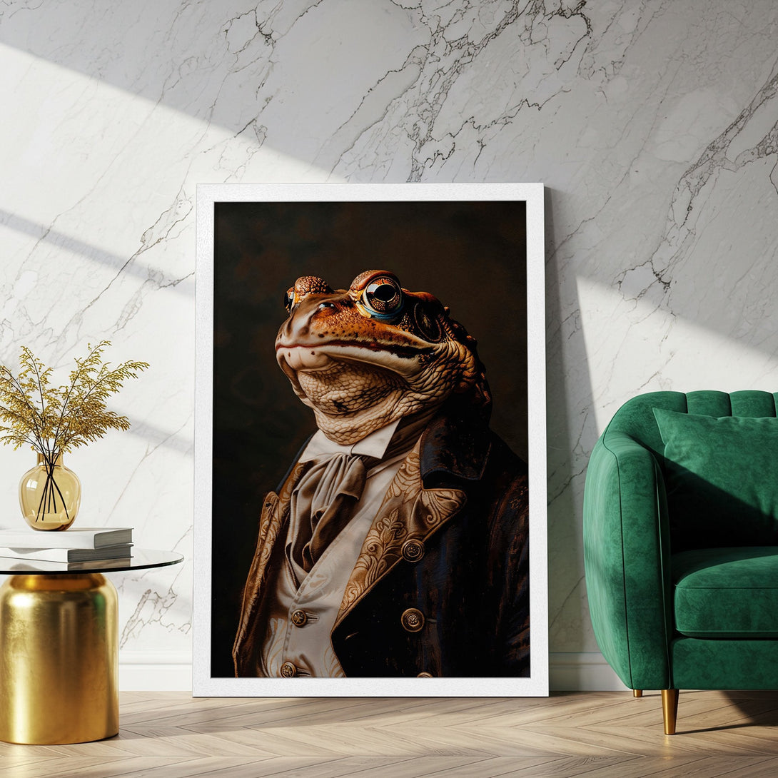 Framed Poster featuring a dapper frog in a vintage style, with a warm, earthy color palette. Perfect wall art!