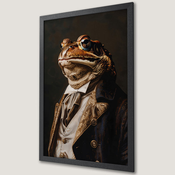 Framed Poster featuring a dapper frog in a suit, vintage style, with a warm, earthy color palette. Add unique art to your home!
