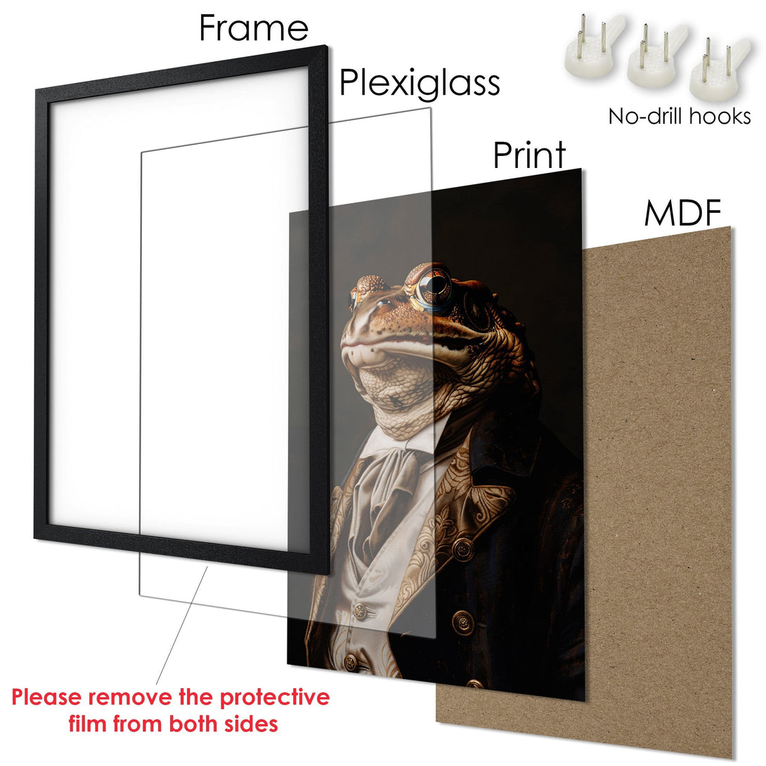Framed Poster featuring a dapper frog in dark tones, a unique art piece for your home.