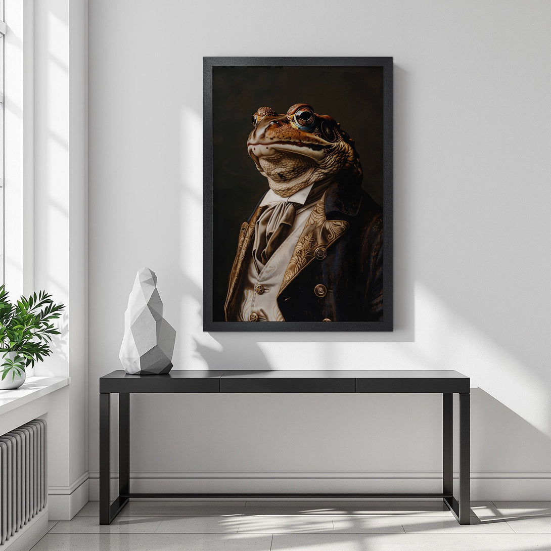 Framed Poster of a dapper frog in a suit. Classic style, rich brown, gold, and navy color palette. Perfect wall art for any room.