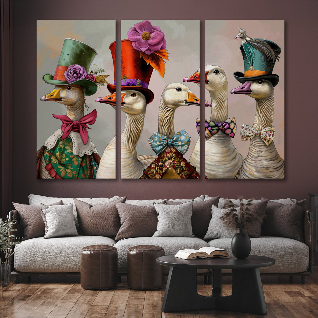 Canvas Print of whimsical geese in top hats and bow ties, colorful artwork with a vintage style, perfect for home decor.