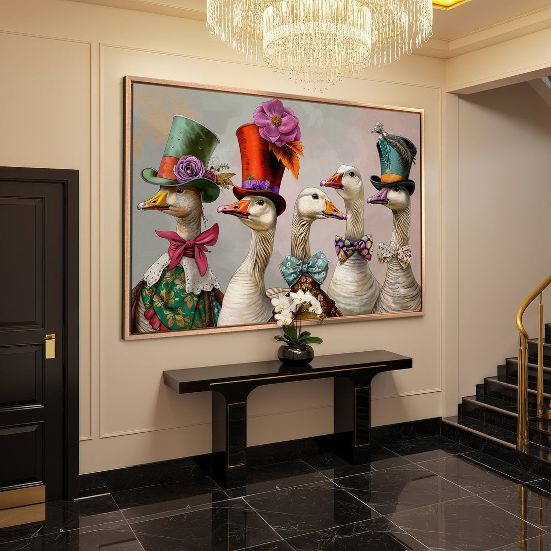 Framed Wall Art of whimsical geese in hats, displayed in a luxury interior. Elegant, colorful artwork with a playful touch.