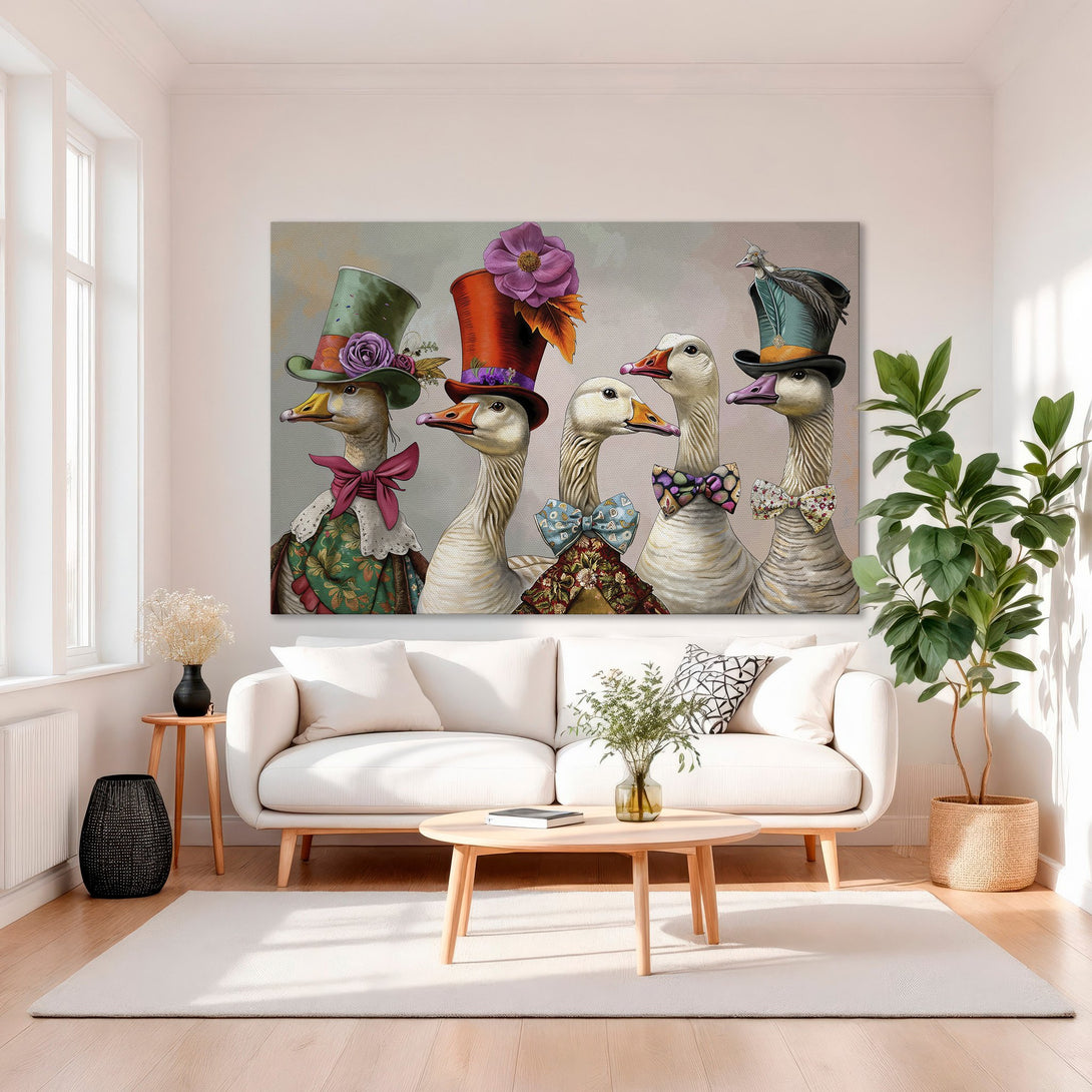 Framed Wall Art: Whimsical geese in hats & bowties, colorful illustration in a gold frame. Perfect for adding a touch of fun to any room.