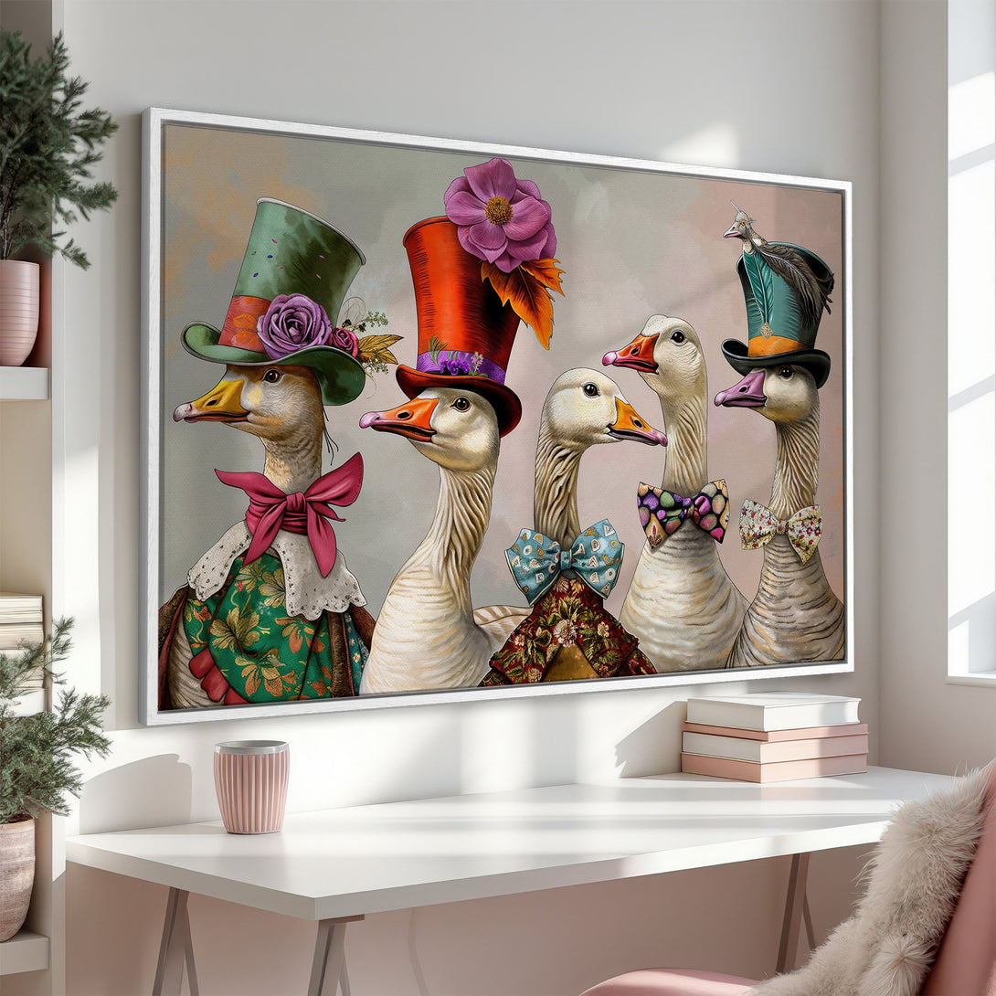 Framed Wall Art: Whimsical geese in top hats and bow ties. Colorful, artistic Canvas Print in a modern interior. Perfect for unique home decor.
