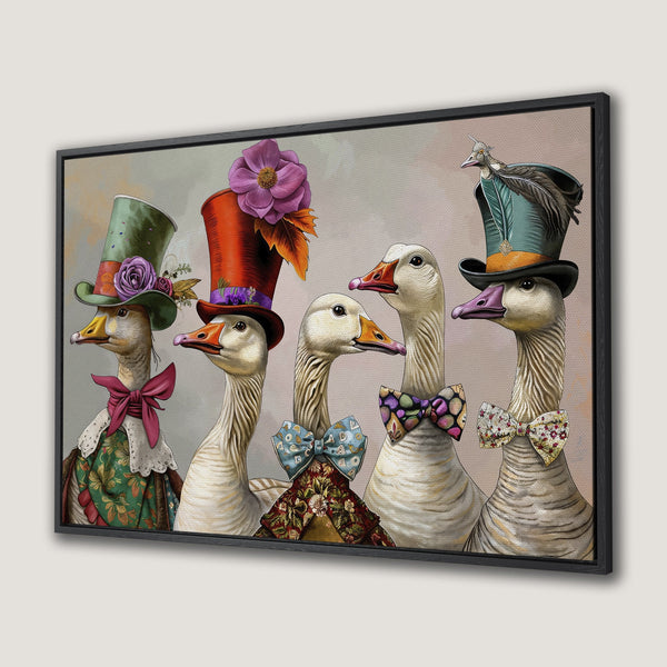 Framed Wall Art of whimsical geese in hats and bowties. A unique, vintage-style canvas print with a neutral and colorful palette. Perfect for adding character!
