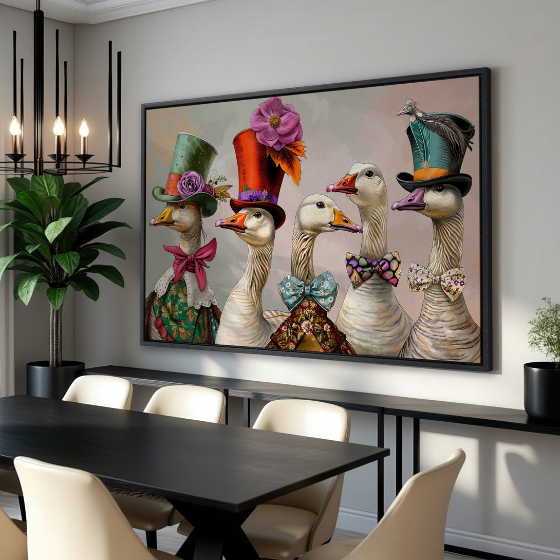 Framed Wall Art: Whimsical geese in top hats, vibrant colors. Perfect for dining room decor. Add a touch of fun with this unique canvas print.