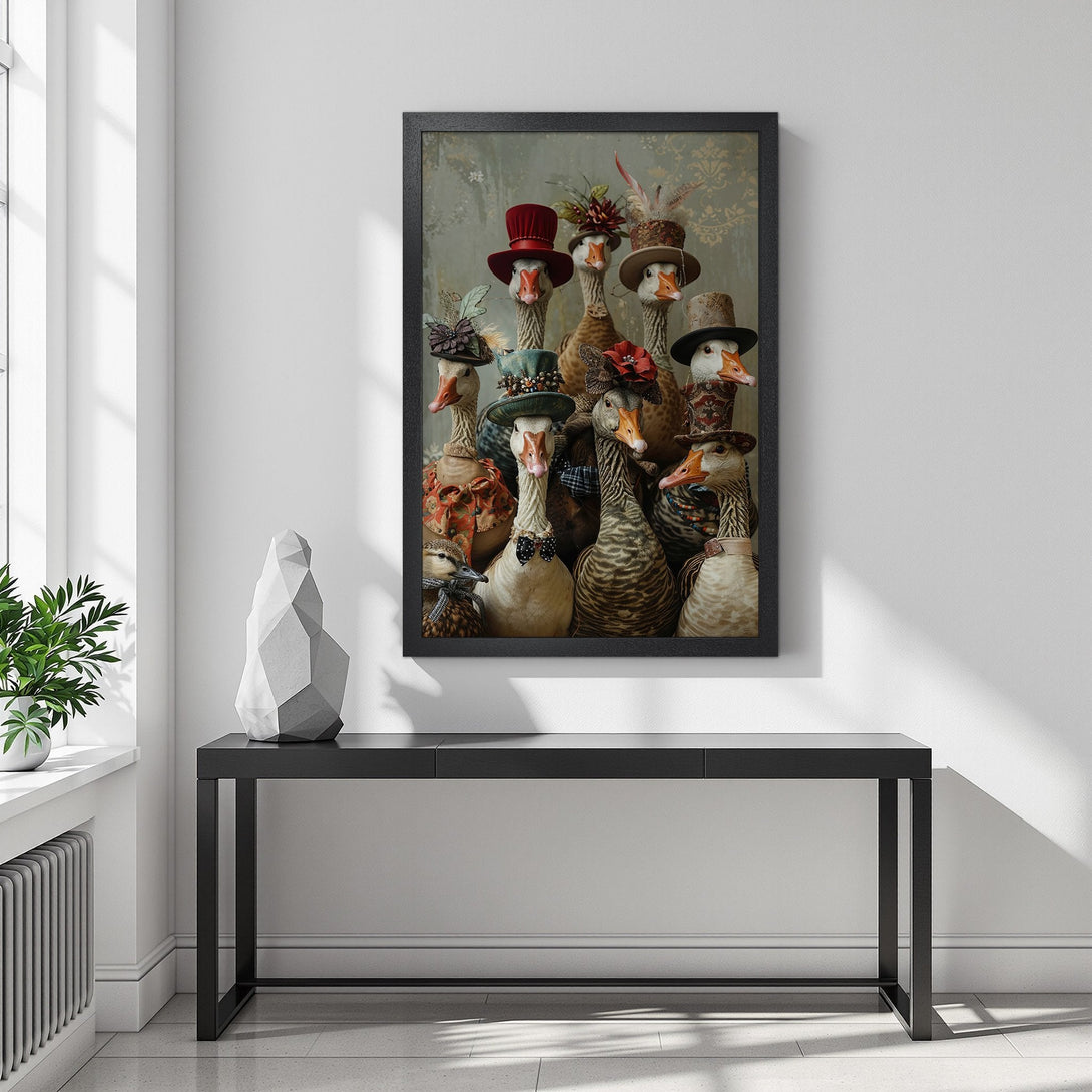 Framed Poster featuring geese in hats, whimsical style, muted earth tones. Add a touch of fun to your decor!