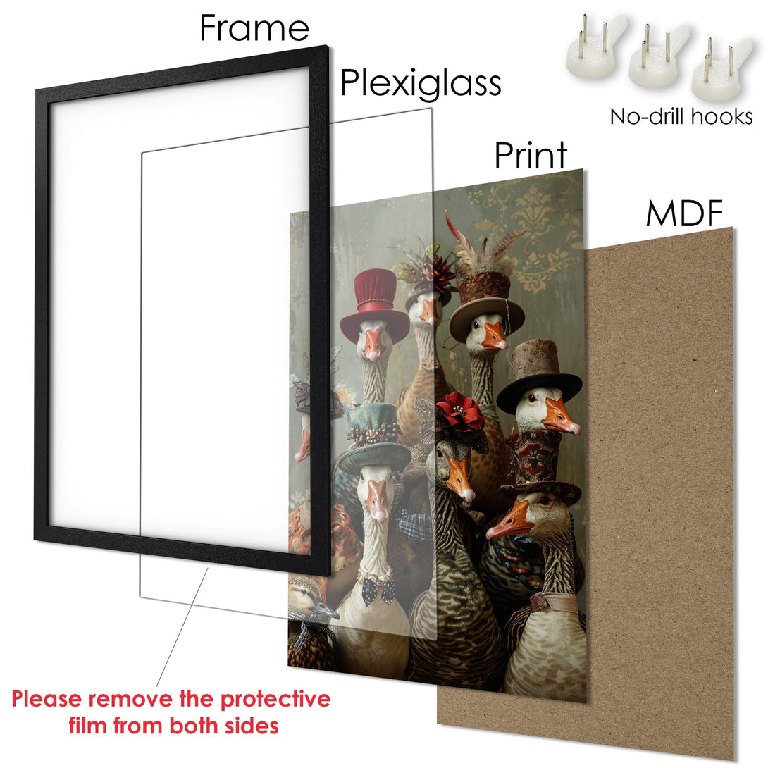Framed Poster featuring whimsical geese in hats, a vintage style, and a muted, earthy color palette. Perfect wall art!