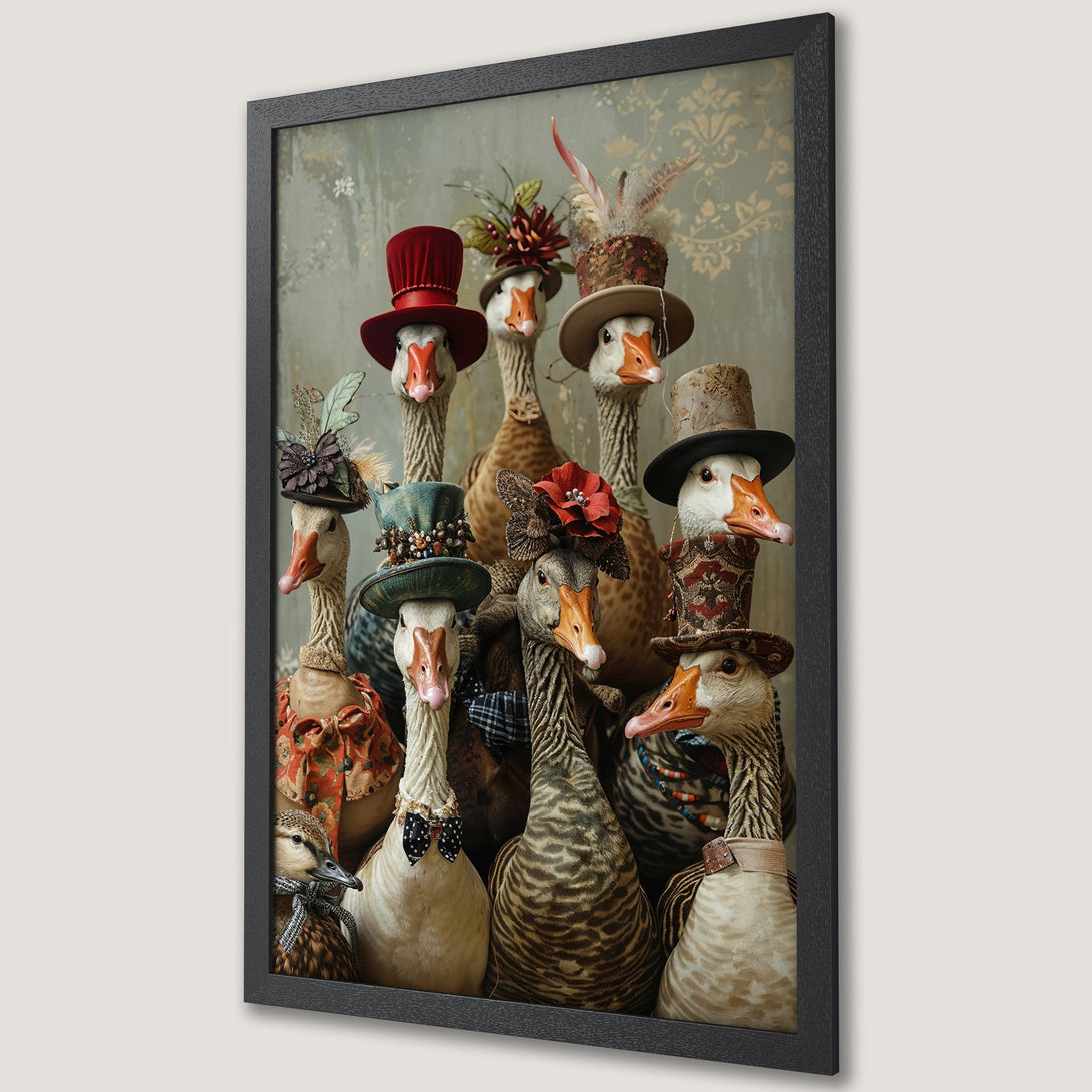 Framed Poster featuring whimsical geese in hats and attire. Vintage style with muted greens, browns, and pops of red. Add unique art to your walls!