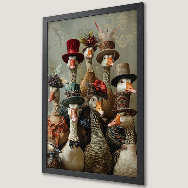 Framed Poster featuring whimsical geese in hats and attire. Vintage style with muted greens, browns, and pops of red. Add unique art to your walls!