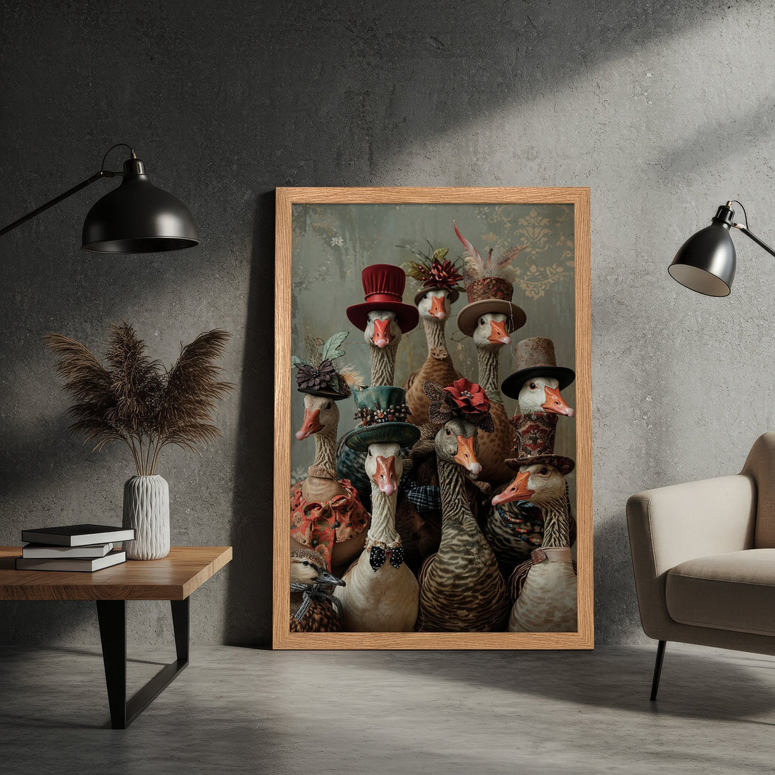 Framed Poster featuring geese in hats, whimsical style, with muted greens, browns, and reds. Add quirky art to your home!