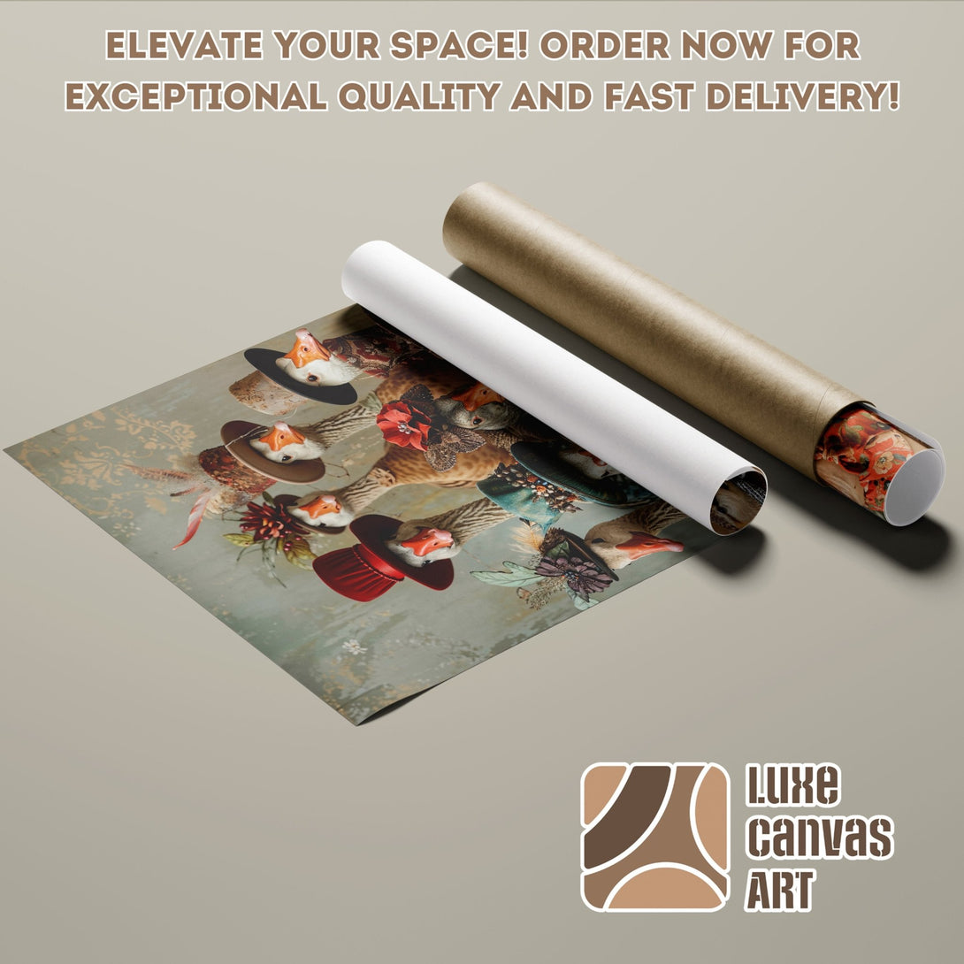 Poster Roll featuring whimsical animal art in a vintage style, with a muted color palette. Elevate your space with Luxe Canvas Art.