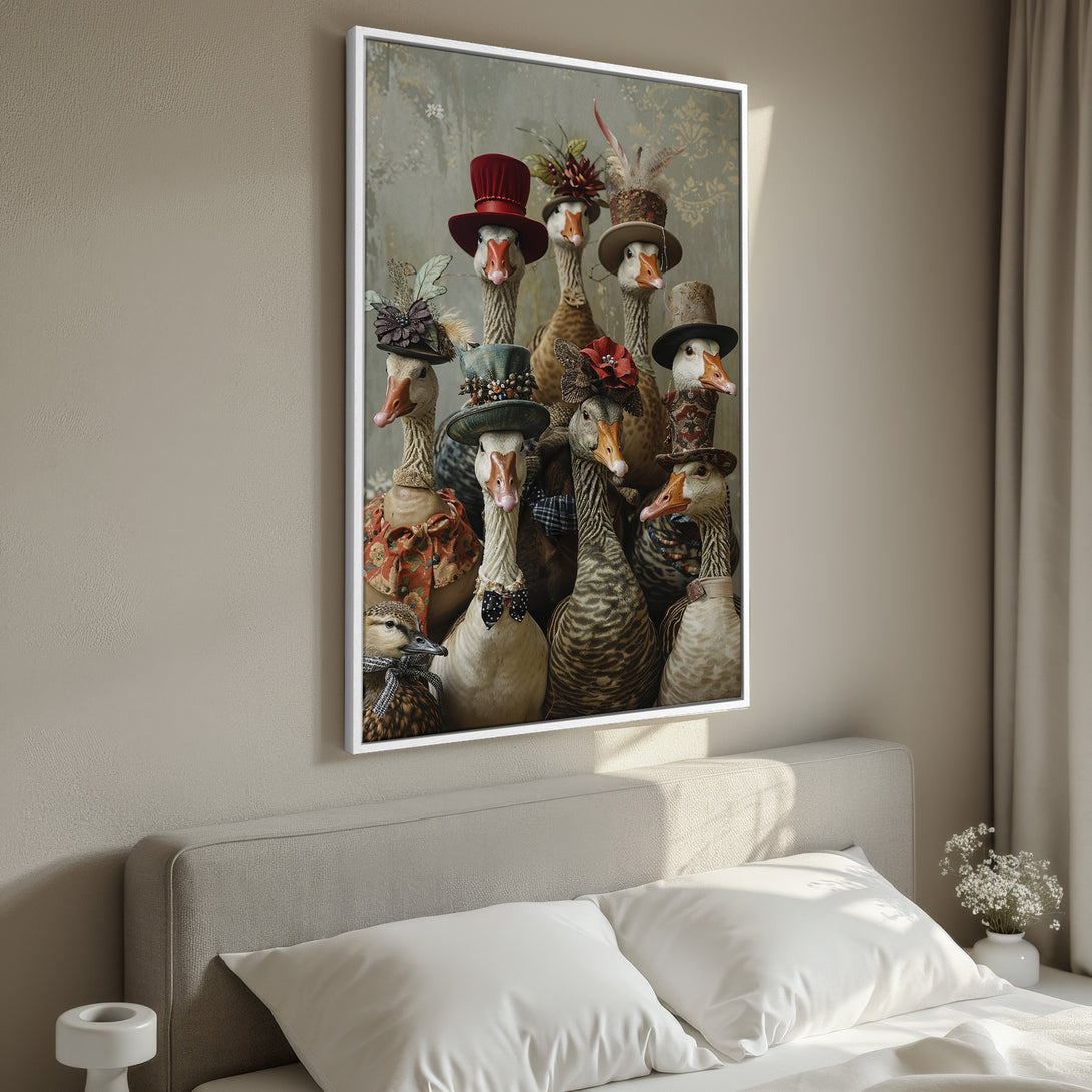 Framed Wall Art featuring whimsical geese in hats. Vintage style with muted earth tones and pops of red. Perfect for adding character to any room.