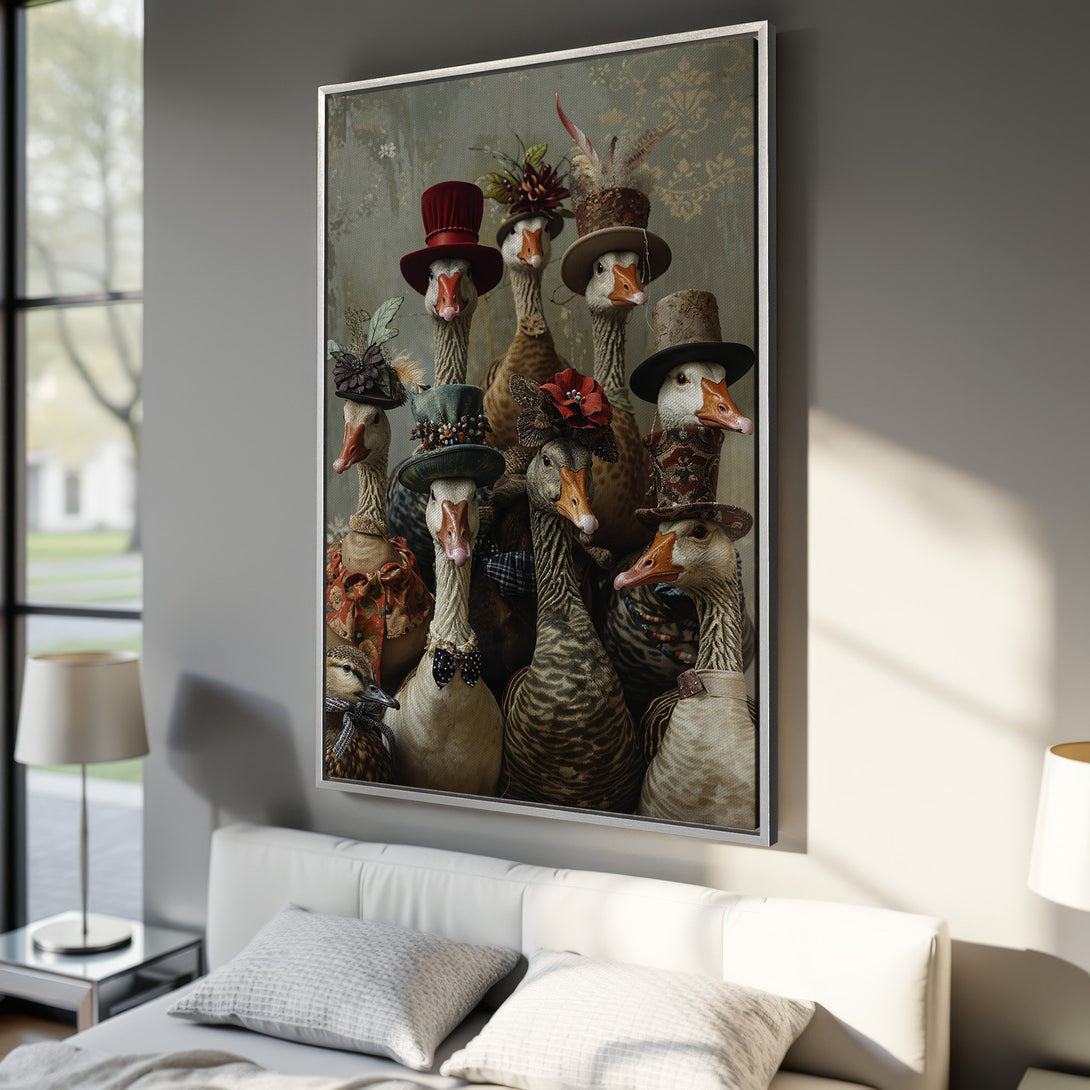 Framed Wall Art featuring whimsical geese in hats, displayed in a bedroom. Earthy tones and vintage style create a unique and charming interior accent.