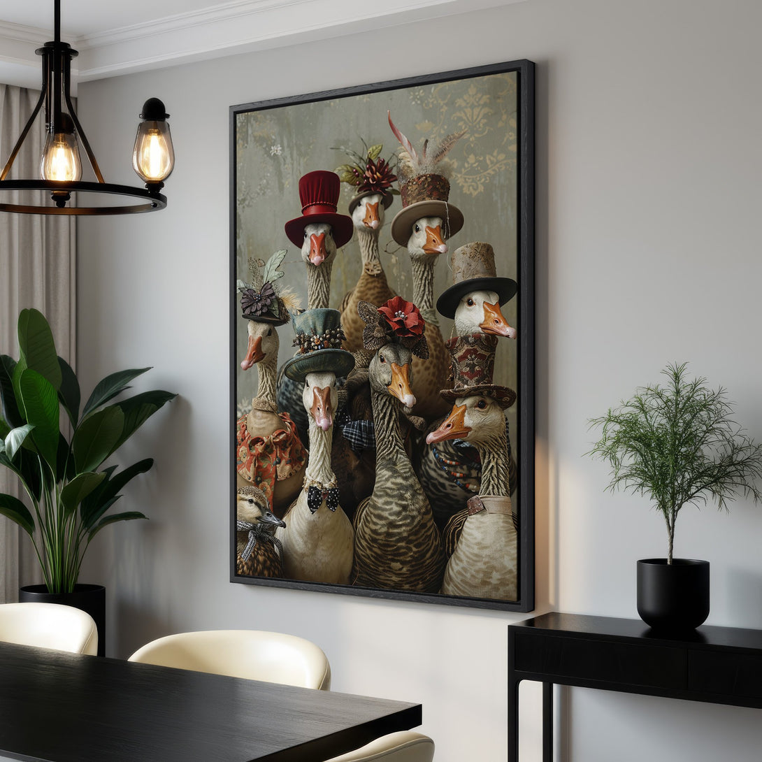 Framed Wall Art featuring whimsical geese in hats, a unique and stylish addition to any home. Neutral color palette with pops of red and green.