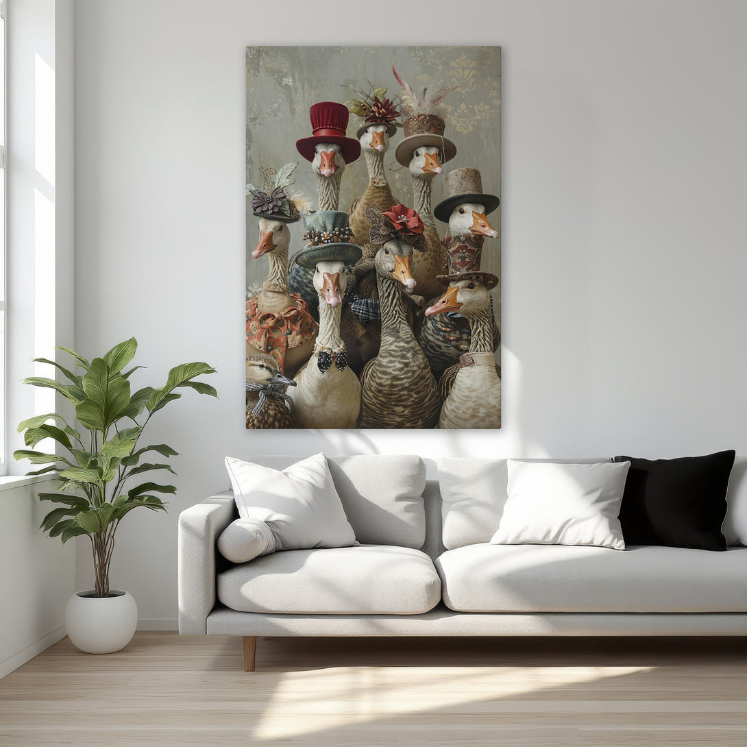 Framed Wall Art: Whimsical geese in hats, a quirky & stylish addition to any home. Neutral color palette with gold frame. Perfect for bedroom decor.