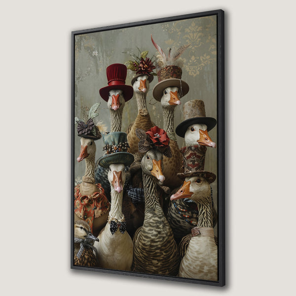 Framed Wall Art featuring whimsical geese wearing hats in a vintage style, with a muted color palette of beige, brown, and red. Unique home decor!