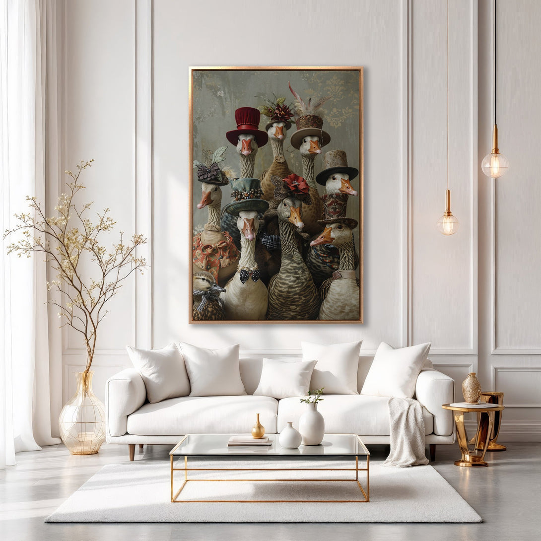 Framed Wall Art featuring whimsical geese in hats, displayed in a modern living room. Neutral palette with gold accents. Elevate your home decor!