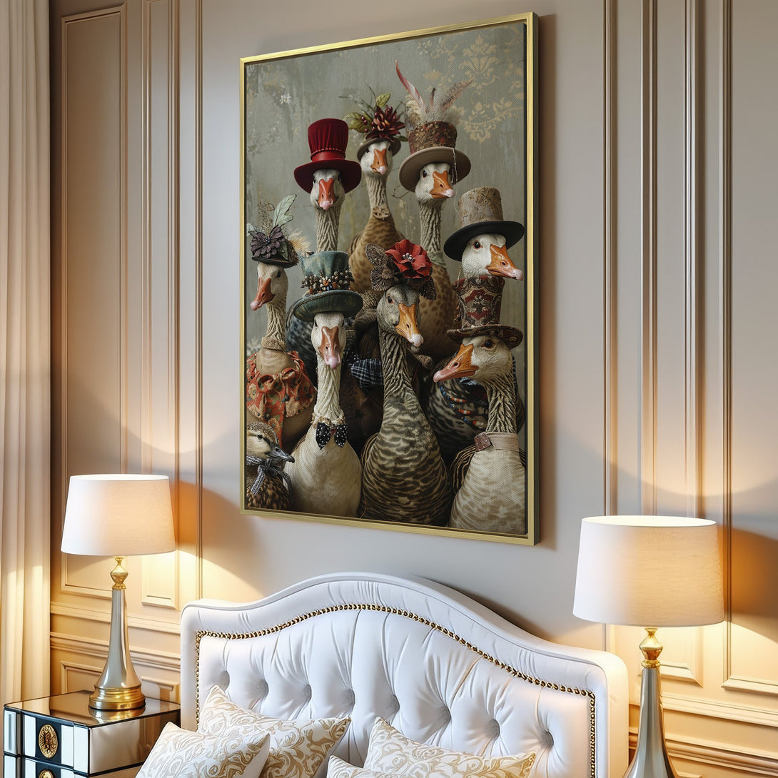 Canvas Print featuring whimsical geese in hats, neutral tones with pops of red and green, perfect for adding character to any room.