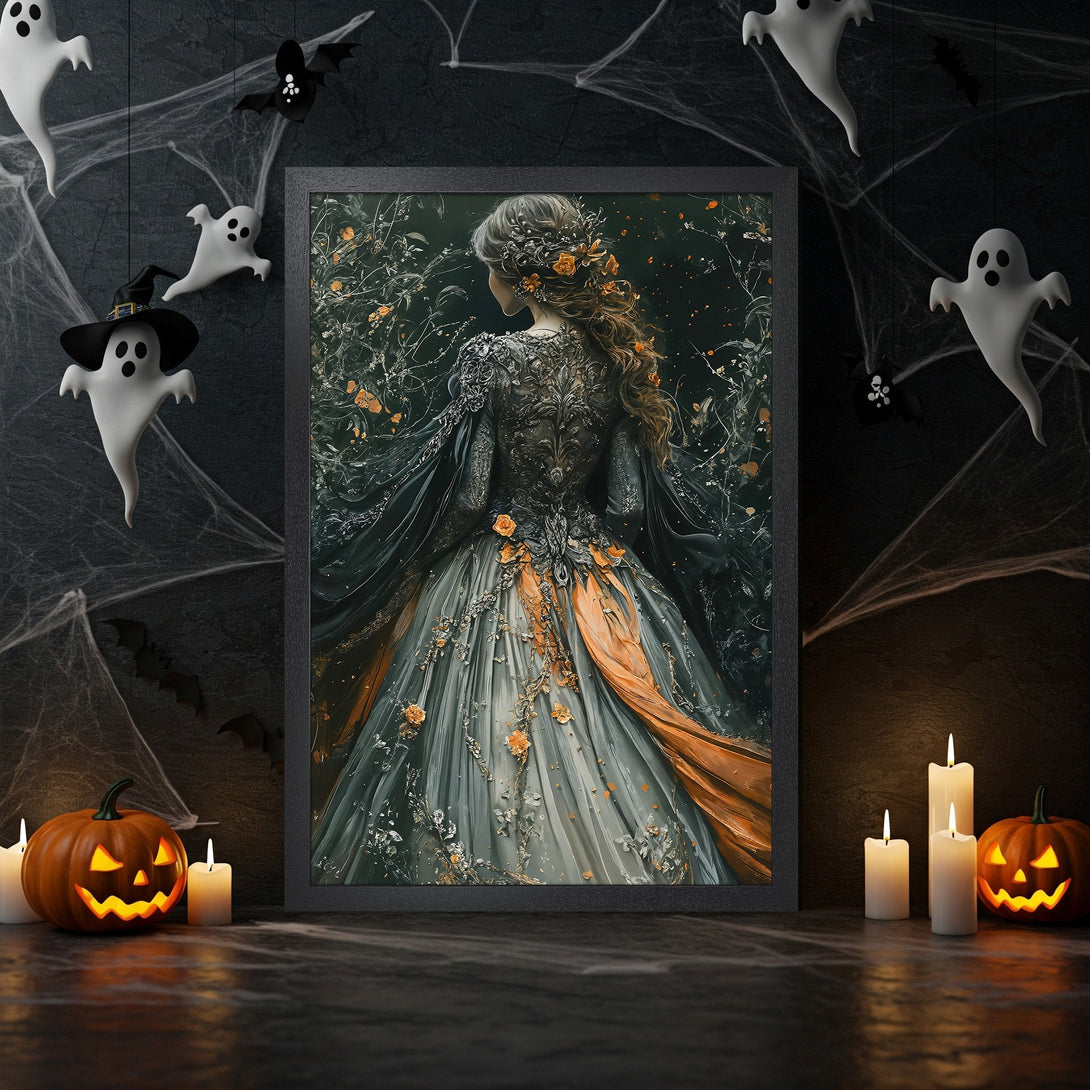 Framed Poster featuring a dark fantasy figure in a blue and black color palette. Perfect Halloween decor!
