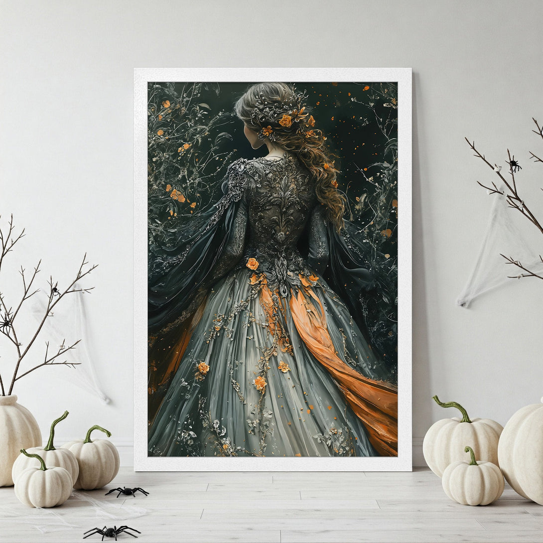 Framed Poster featuring a dark, spectral figure in a moonlit forest. Moody art style with a blue and black color palette. Perfect Halloween decor.