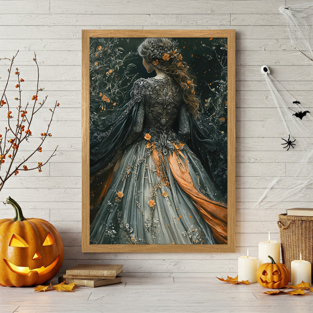 Framed Poster featuring a haunting figure in a dark forest with a blue and gold color palette. Perfect Halloween decor!