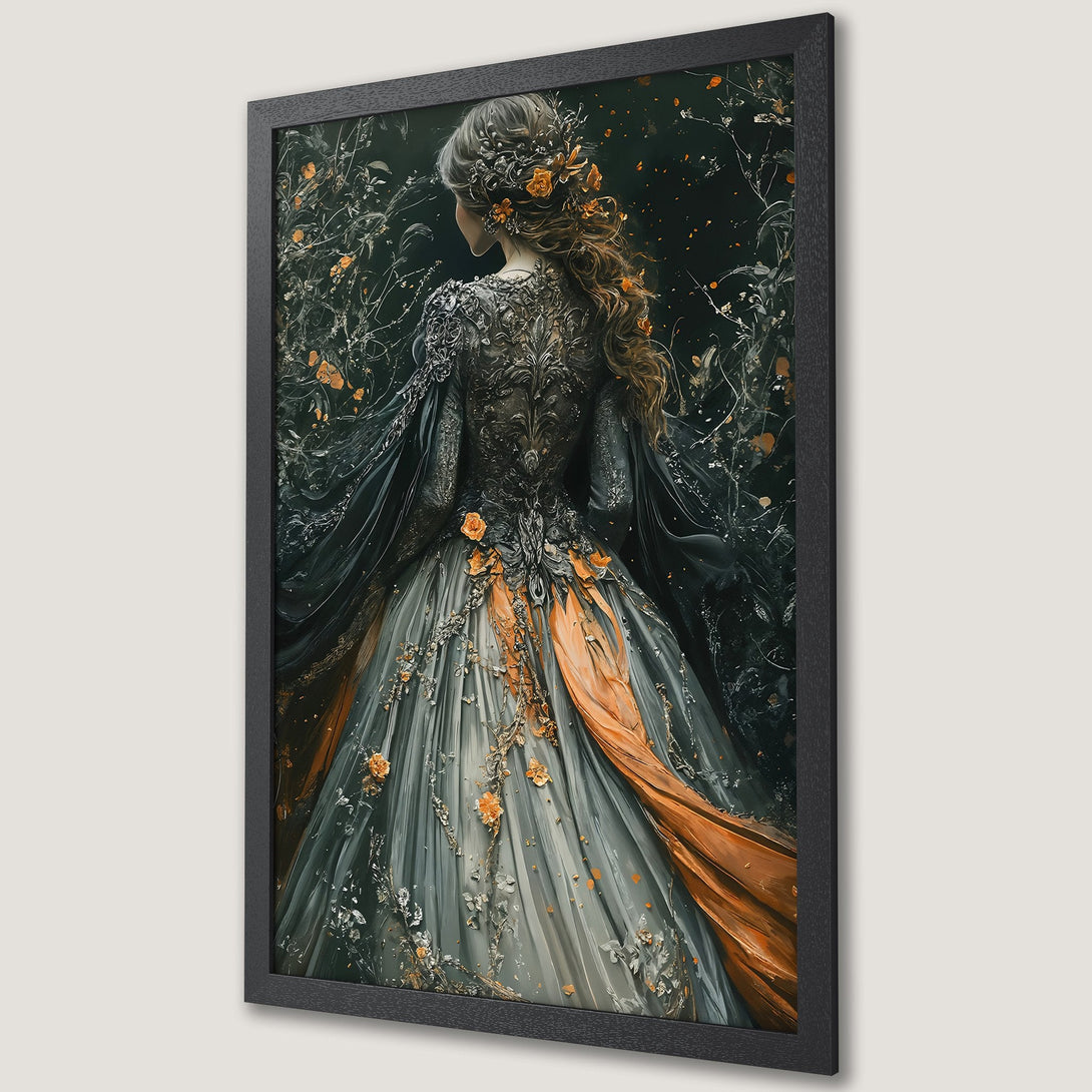 Framed Poster featuring a mysterious figure in a dark forest with a full moon. Moody art style with a blue and gold color palette.