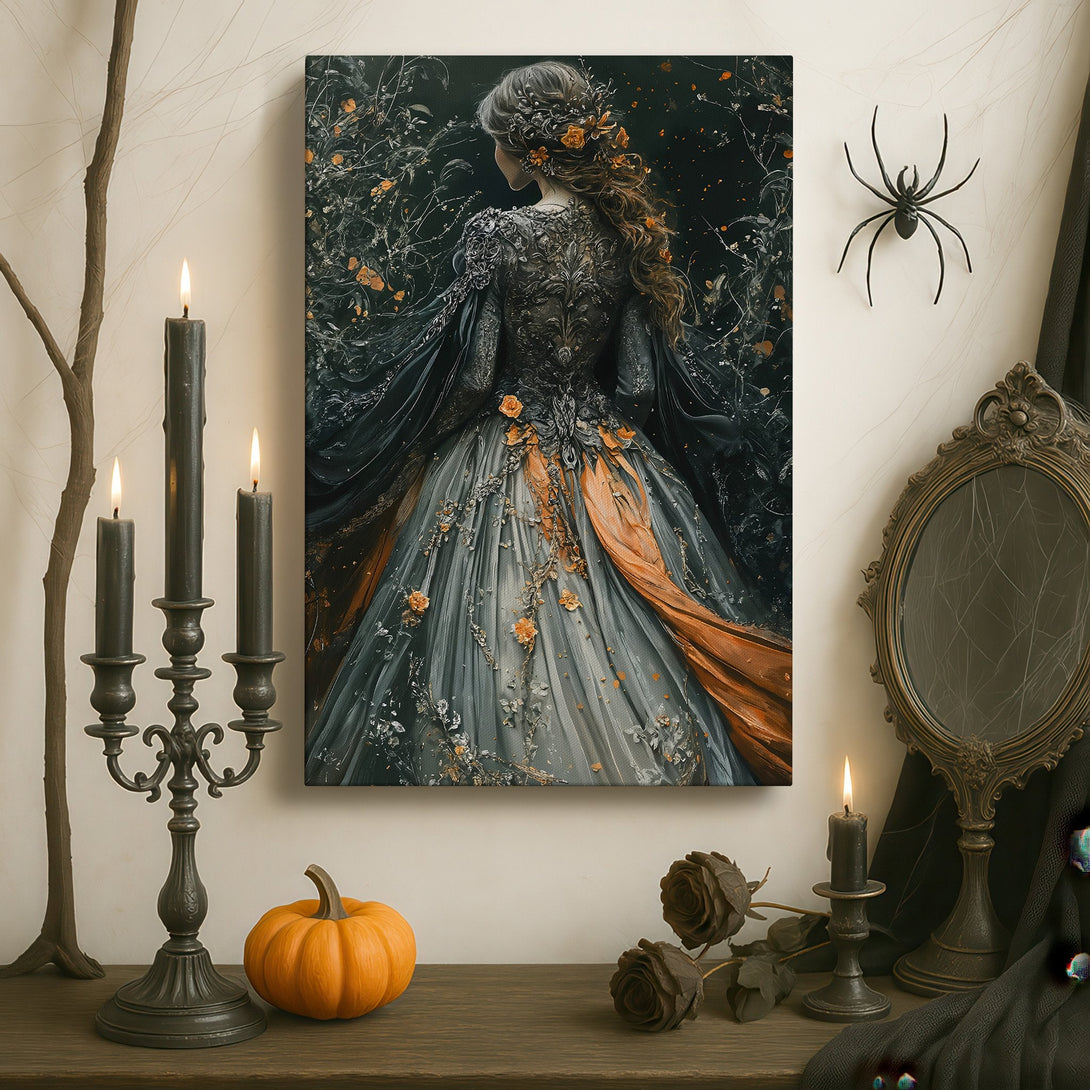 Framed Wall Art: Dark fantasy painting of cloaked figure in a forest with a moon, displayed in a luxurious interior. Moody, blue and black color palette.