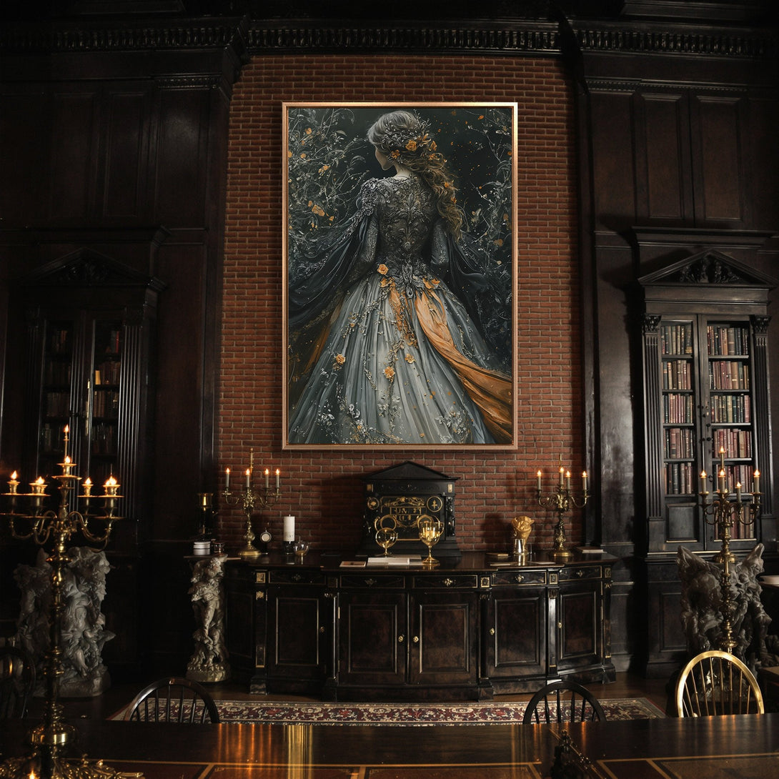 Framed Wall Art: Dark fantasy Canvas Print of a cloaked figure in a moonlit forest. Moody, dramatic art in blues, blacks, and golds, perfect for gothic decor.