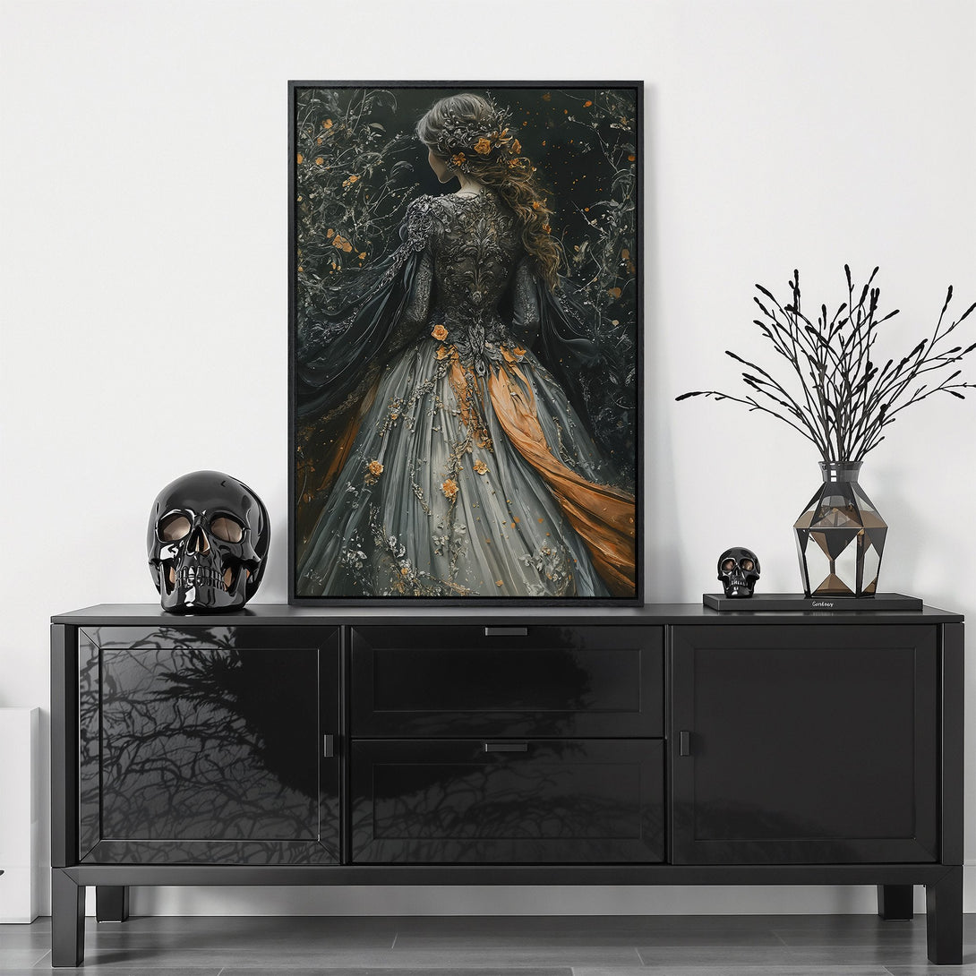 Framed Wall Art: Dark fantasy art Canvas Print featuring a cloaked figure in a moonlit forest. Moody, gothic style with a blue, black, and gold color palette.