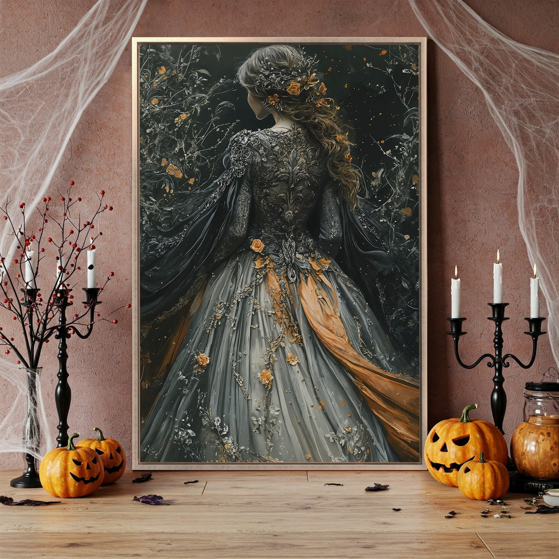 Framed Wall Art: Spooky figure in a dark, painterly style with a blue and black color palette. Perfect Halloween decor.