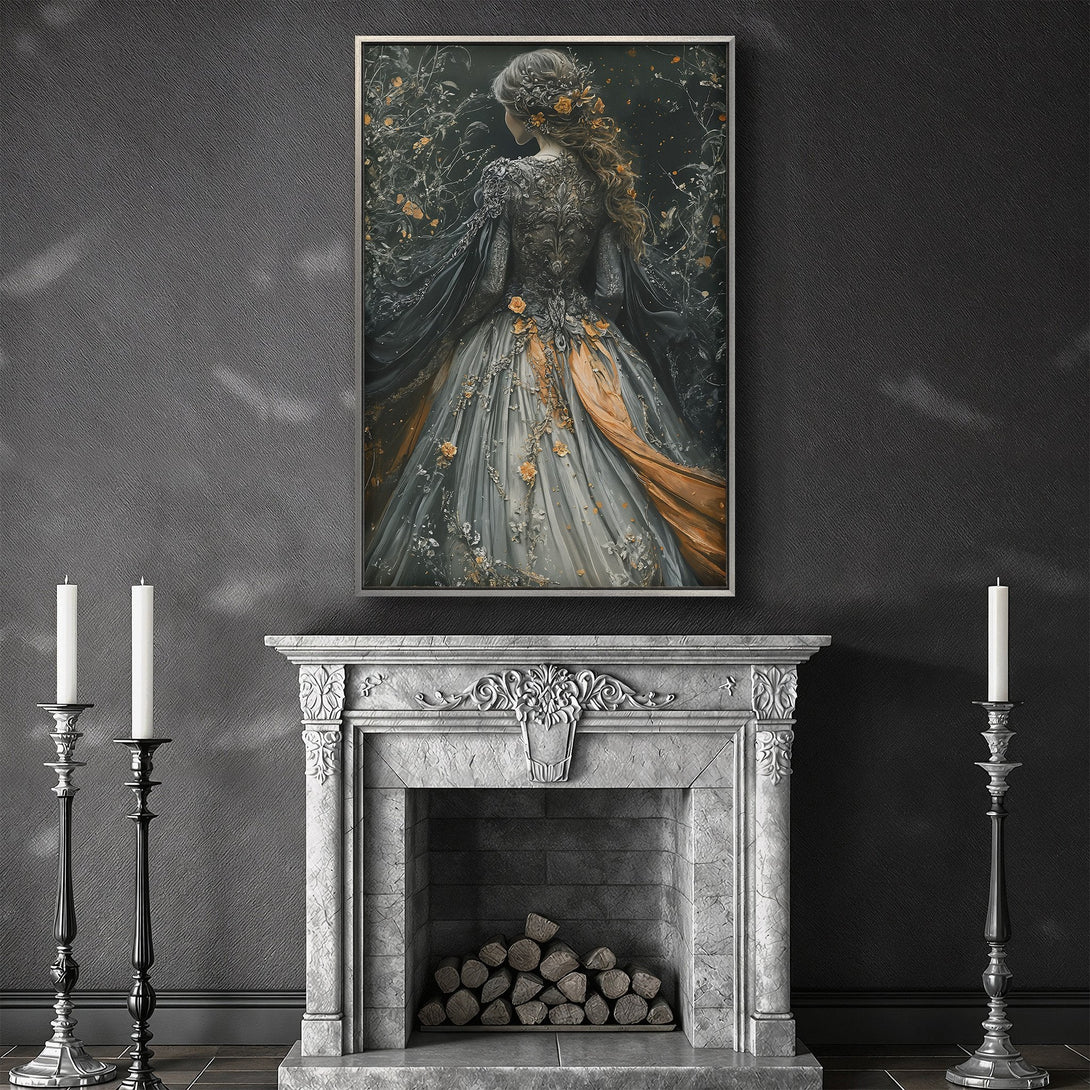 Framed Wall Art: Gothic figure in a forest, moonlit scene. Dark, moody color palette with blues and blacks. Perfect for adding a touch of mystery.